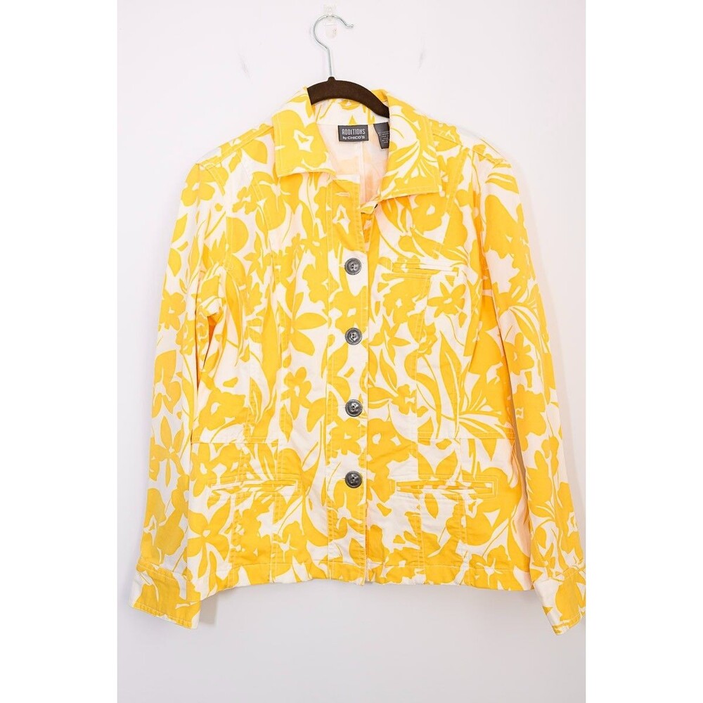 Chico's Additions Jacket 1 Medium Blazer‎ Yellow Jean Floral Button Front